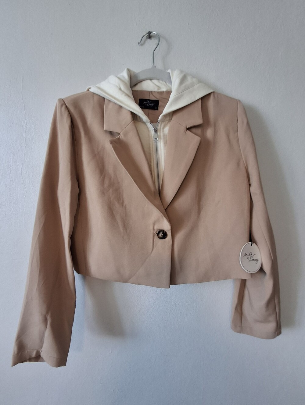 Beige Cropped Blazer with Cream Hooded Lining